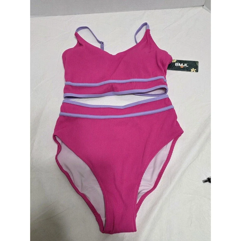 NWT BMJL Two Piece Swimsuit Pink w/ Purple Trim Bikini Size Small